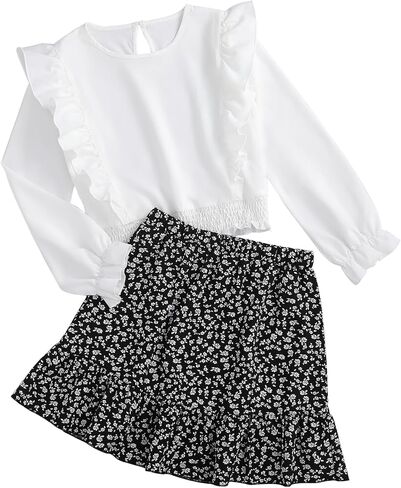 Girls Floral Skirt Set Long Sleeve Ruffle Top and Skirts Outfit 2 Piece Toddler Girl Fall Clothes Sets in Saudi Arabia
