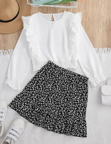 Girls Floral Skirt Set Long Sleeve Ruffle Top and Skirts Outfit 2 Piece Toddler Girl Fall Clothes Sets in Saudi Arabia