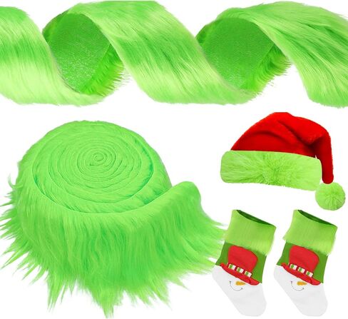 4x100 Inch Christmas Faux Fur Ribbon Craft Fur Strips Fake Fur Rolls Green Long Plush for DIY Christmas Costume Gnome Beard Santa Claus Hair Xmas Tree Decor Family Party Supplies in Kuwait