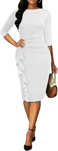 AirZeal Chuch Dresses for Women 3/4 Sleeve Ruffle Bodycon Elegant Ruched Wedding Guest Formal Tea Party Pencil Sheath Dress A White in Saudi Arabia