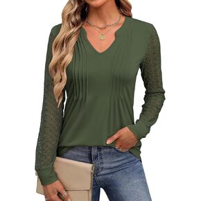 ANRABESS Women Long Sleeve Shirts V Neck Pleated Tunic Top Business Dressy Casual Blouse 2024 Fall Fashion Outfits