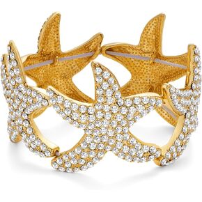 Chunky Starfish Bangle Bracelets for Women Trendy Shiny Crystal Sea Star Elastic Bracelet Vintage Boho Wide Starfish Bracelets Summer Beach Statement Gold Bracelet