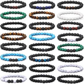 24 Pcs 8 mm Natural Stone Beads Bracelet Set Tiger Eye Bracelet Men Stretch Lava Stone Bracelet Bulk Adjustable Onyx Matte Beads Essential Oil Diffuser Bracelet for Men Women Jewelry Gifts