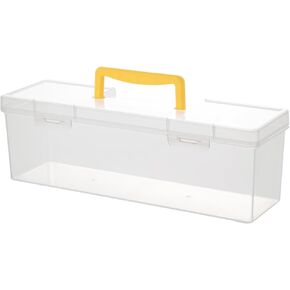 Plastic Portable Container with Handle, Art Craft Sewing Storage Box with Latching Lid for Paint Brush, Tools, Crayon, Washi Tape, Ruler, Ornaments, Ribbons (Yellow 11.8 x 3.6 x 3.6 in)