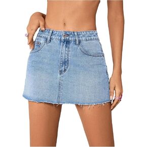 Women's Single Button Front Raw Hem Denim Skirt Mini Jean Skirts with Pockets
