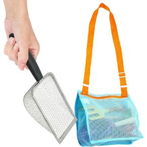 4E's Novelty 2X Shark Tooth Sifter for Beach with 2X Small Mesh Beach Bag for Shell Collecting, Metal Sand Scoop for Picking Up Shells - Beach Toys for Kids (2 Sets)
