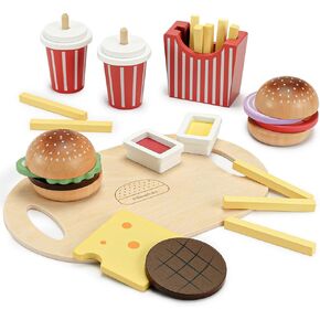 Wooden Play Food Toy for Kids Pretend Play Kitchen Accessories for Toddlers Wooden Play Fast Food Hamburger Set Educational Toys Gift for Boys Girls