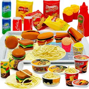 Pretend Play Kitchen Food Set for Kids Hamburger Fries Noodles Drink with Tray Playset,Play House Kitchen Accessories Role Toys Birthday Gifts for Boys Girls 3 4 5 Yrs (31Pcs Hamburger Chips) in Kuwait