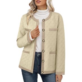 Bebonnie Women's Diamond Quilted Jacket Crew Neck Lightweight Long Sleeve Button Down Winter Coats with Pockets