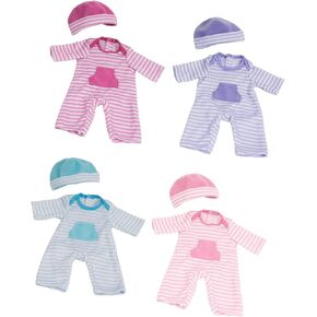 JC Toys | 4 Assorted Baby Doll Rompers and Hats | Pink + Blue + Light Pink + Purple | | Ages 2+ | Fits Dolls 10"- 12"