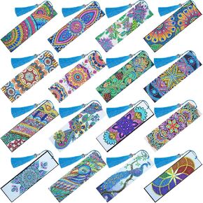16 Pieces Diamond Bookmark DIY Painting Bookmark 5D Diamond Painting Bookmarks Floral Beaded Bookmarks with Tassel Resin Rhinestone Leather Bookmark for DIY Art Crafts Students Adults Beginner