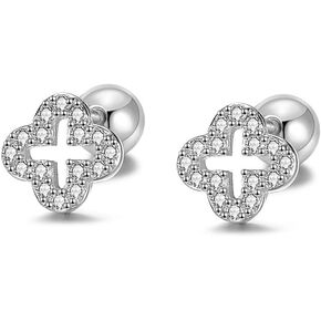 20G Dainty Clover Cartilage Tiny Stud Earrings for Women Teen Girls 925 Sterling Silver Crystal Cubic Zirconia Cross Flower Tragus Screw Back Ball Barbell Labret Piercing Studs Sleeper Earring Cute Jewelry Gifts Hypoallergenic
