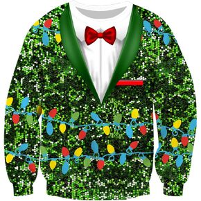 Mens Ugly Christmas Sweatshirt Fake Two Pieces 3D Printed Funny Sweater Shirts Pullover for Xmas Holiday Party
