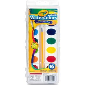 Crayola Washable Children's Art Supplies Assorted Watercolor Paint Color Set with Convenient Kid's Paintbrush Included, 16 Count