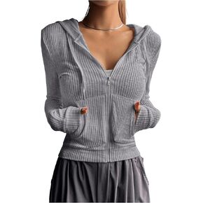 GORGLITTER Women's Lightweight Zip Up Hoodie Drawstring Long Sleeve Cropped Jacket
