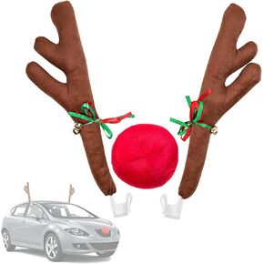 Xmas Car Reindeer Antlers & Nose Christmas Decorations for Car Jingle Bell Window Roof-Top Grille Rudolph Reindeer Kit Easy to Install Holiday Accessories for SUV Van Truck Gift