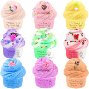 Cloud Slime Kit 9 Pack, with Peach Watermelon Pineapple Cake Slime Charms, DIY Slime Supplies for Girls and Boys, Stress Relief Toy for Kids Education, Party Favor, Gift and Birthday