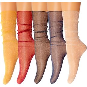 Yilanmy Women's Sheer Socks Glitter Lace Ankle Socks Metallic Shimmer Slouch Socks Sparkly Loose Mesh Socks 5 Pairs