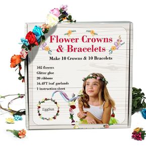 EggSun Flower Crown Making Kit for Girls Kids Gift Women Tea Party Craft Bracelet DIY Fairy Flower Crown Kit Kids Birthday Gift Floral Hair Arts Crafts Spring Easter Gift for Girls 5 6 7 12 Year Old