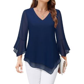 Furnex Blouses for Women Dressy Casual 3/4 Ruffle Sleeve V Neck Chiffon Double Layers Business Casual Tops for Women