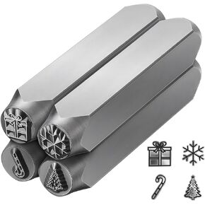 Zonon 4 Pcs 6mm Christmas Metal Stamps Christmas Tree Metal Design Stamps Snowflake Signature Metal Design Stamp Gift Box Candy Cane Metal Punch Design Jewelry Stamp for Jewelry DIY Stamping Making