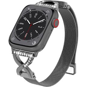 BRG Thin Mesh Loop Compatible with Apple Watch Bands for Women 40mm 41mm 38mm 42mm Series 10 9 8 7 6 5 4 3 2 1 SE, Metal Magnetic Stainless Steel Strap with X-Shape Diamond Clasp for iWatch Bands