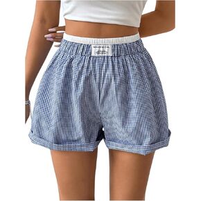 SHENHE Women's Summer Gingham Shorts Elastic High Waisted Casual Lounge Plaid Shorts