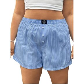 OYOANGLE Women's Plus Size Striped Print Button Front Wide Leg Shorts Elastic Waist Casual Lounge Shorts