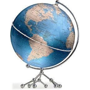 (Blue-Silver) 8“ World Globe with Steel Stand，360° Illuminated Educational Globes with HD Printed Map for home office Decoration and Kids Classroom Learning ,LED Night Light Globe Lamp with Stable Metal Base(Blue-Silver)