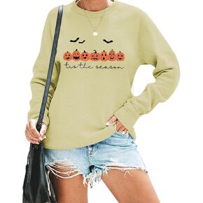 Tis The Season Pumpkin Sweatshirt Halloween Sweatshirts for Women Fall Pumpkin Smiley Lightweight Pullover Tops