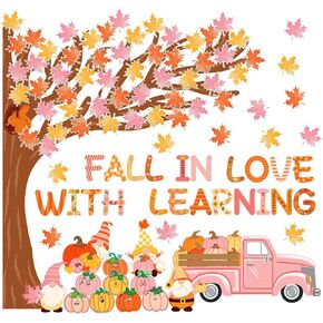 Whaline 109Pcs Fall Tree Paper Cutouts Autumn Pink Tree Maple Leaves Pumpkin Bulletin Board Decoration Set with 200Pcs Glue Points for Classroom Office Harvest Party