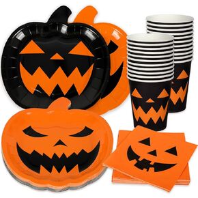 AnyDesign 72Pcs Halloween Party Dinnerware Set Orange Black Pumpkin Themed Paper Plates Cups Napkins Halloween Disposable Tableware Party Supplies for Spooky Themed Party Birthday, Serves 24 Guests