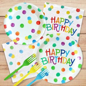 Polka Dots Happy Birthday Party Supplies Paper Plates Napkins Rainbow Confetti Polka Dots Happy Birthday Party Decorations for Baby Shower Kids Birthday Party Serve 25 Guests