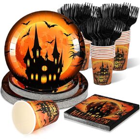 120 Pcs Halloween Party Supplies Serves 24 Includes 24 Pcs 7" Halloween Party Plates 24 Pcs 9" Paper Plates 24 Pcs Cups 24 Pcs Napkins 24 Pcs Plastic Forks Castles Halloween Party Decorations