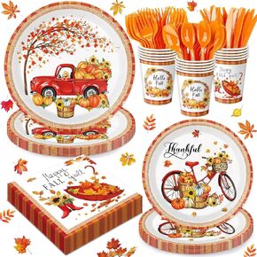 168 PCS Fall Party Decorations - Autumn Pumpkin Truck Disposable Tableware Includes Paper Plates, Napkins, Cups, and Cutlery for Fall Thanksgiving Party Decorations, Serves 24