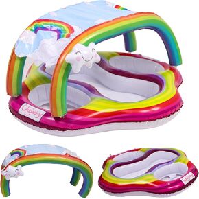 Inflatable 2 Baby Rainbow Pool Float with Detachable Canopy, Double Seats Pool Float for Babies, Twin Floats for Swimming Pool