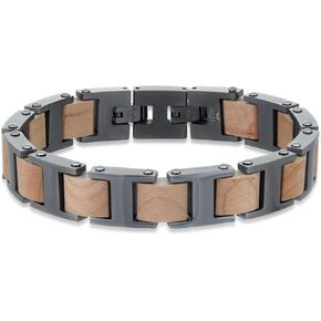Metro Jewelry Stainless Steel and Wood Bracelet for Men with Gray Ion Plating - 8.75 Inches Long and 15 mm Wide - Fold Over Clasp