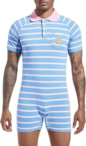 Mens Short Sleeve Romper Onesie One Piece Stripe Pajamas with Polo Collar in Kuwait