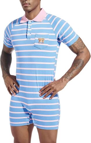 Mens Short Sleeve Romper Onesie One Piece Stripe Pajamas with Polo Collar in Kuwait