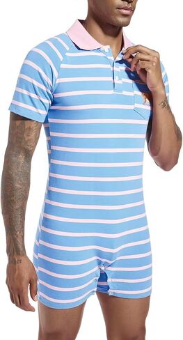 Mens Short Sleeve Romper Onesie One Piece Stripe Pajamas with Polo Collar in Kuwait