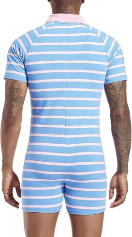 Mens Short Sleeve Romper Onesie One Piece Stripe Pajamas with Polo Collar in Kuwait
