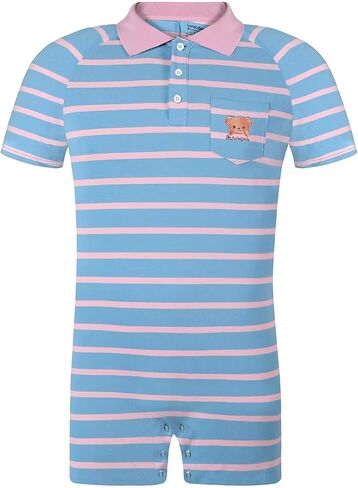 Mens Short Sleeve Romper Onesie One Piece Stripe Pajamas with Polo Collar in Kuwait