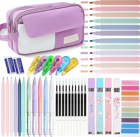 42pcs Aesthetic School Supplies with Large Pencil Case, 12 Pastel Highlighters, 5 Black Ink Gel Pens 6 Mechanical Pencils Set 0.5&0.7mm Sticky Notes for Students Stationary College Essentials(Purple) in Saudi Arabia