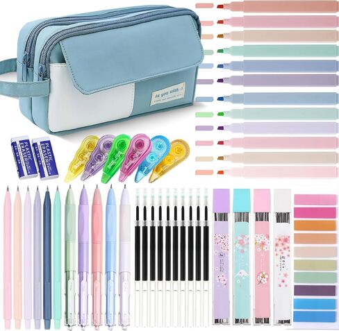 42pcs Aesthetic School Supplies with Large Pencil Case, 12 Pastel Highlighters, 5 Black Ink Gel Pens 6 Mechanical Pencils Set 0.5&0.7mm Sticky Notes for Students Stationary College Essentials(Purple) in Saudi Arabia