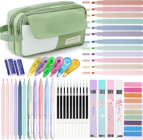 42pcs Aesthetic School Supplies with Large Pencil Case, 12 Pastel Highlighters, 5 Black Ink Gel Pens 6 Mechanical Pencils Set 0.5&0.7mm Sticky Notes for Students Stationary College Essentials(Purple) in Saudi Arabia