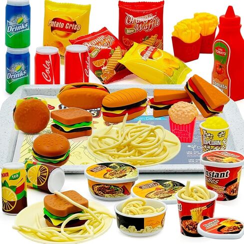 Pretend Play Kitchen Food Set for Kids Hamburger Fries Noodles Drink with Tray Playset,Play House Kitchen Accessories Role Toys Birthday Gifts for Boys Girls 3 4 5 Yrs (31Pcs Hamburger Chips) in Kuwait