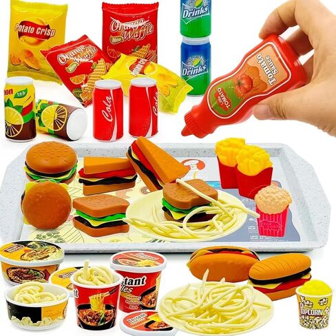 Pretend Play Kitchen Food Set for Kids Hamburger Fries Noodles Drink with Tray Playset,Play House Kitchen Accessories Role Toys Birthday Gifts for Boys Girls 3 4 5 Yrs (31Pcs Hamburger Chips) in Kuwait