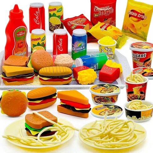 Pretend Play Kitchen Food Set for Kids Hamburger Fries Noodles Drink with Tray Playset,Play House Kitchen Accessories Role Toys Birthday Gifts for Boys Girls 3 4 5 Yrs (31Pcs Hamburger Chips) in Kuwait