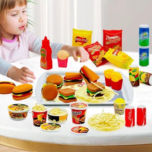 Pretend Play Kitchen Food Set for Kids Hamburger Fries Noodles Drink with Tray Playset,Play House Kitchen Accessories Role Toys Birthday Gifts for Boys Girls 3 4 5 Yrs (31Pcs Hamburger Chips) in Kuwait
