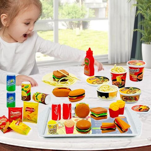 Pretend Play Kitchen Food Set for Kids Hamburger Fries Noodles Drink with Tray Playset,Play House Kitchen Accessories Role Toys Birthday Gifts for Boys Girls 3 4 5 Yrs (31Pcs Hamburger Chips) in Kuwait